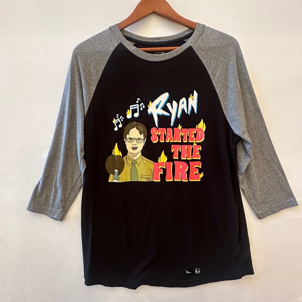 The Office Ryan Started The Fire Dwight Schrute Raglan Shirt Black Grey Large